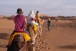 Travellers on camels in Morocco
