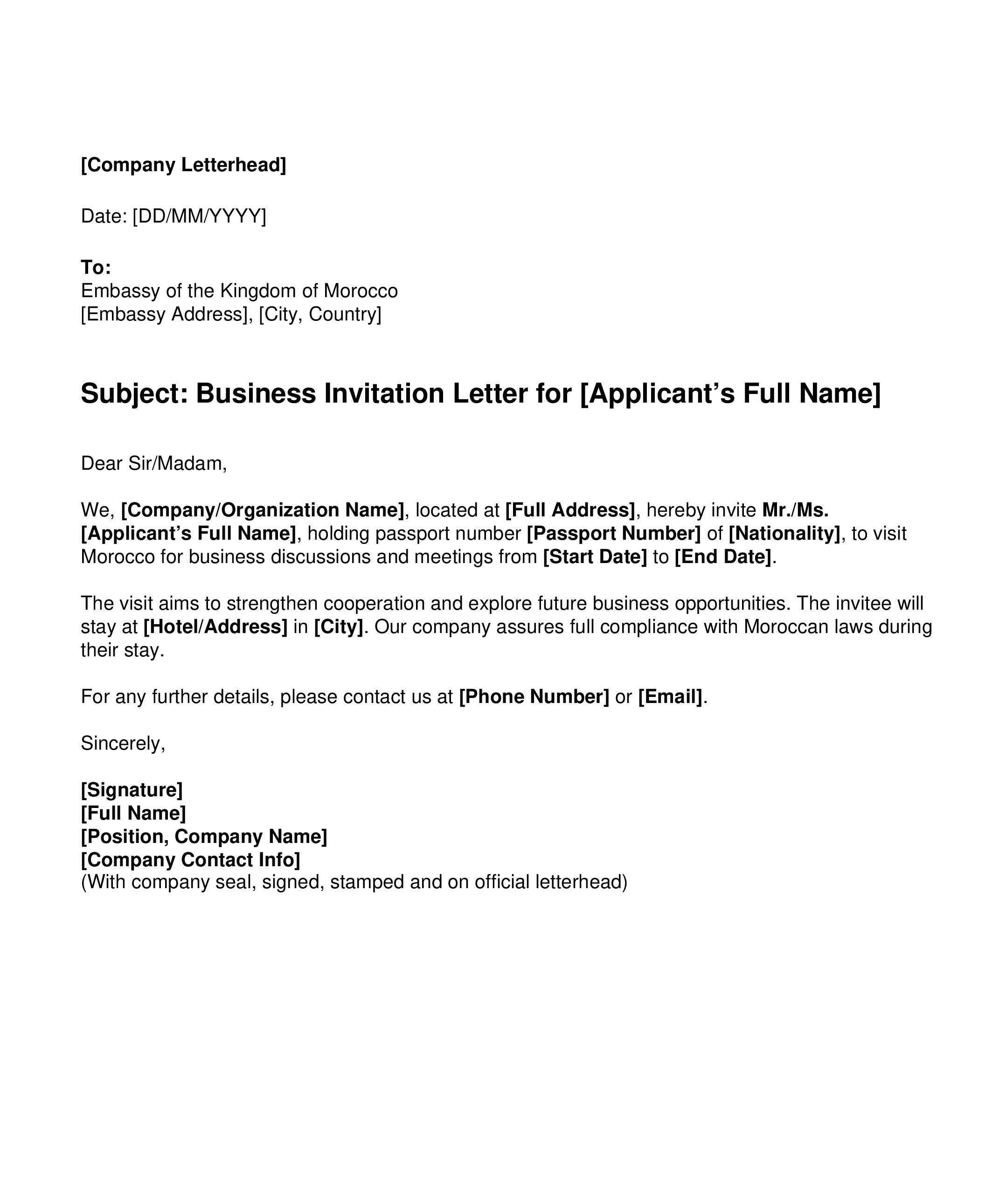Sample of Morocco Business Invitation Letter