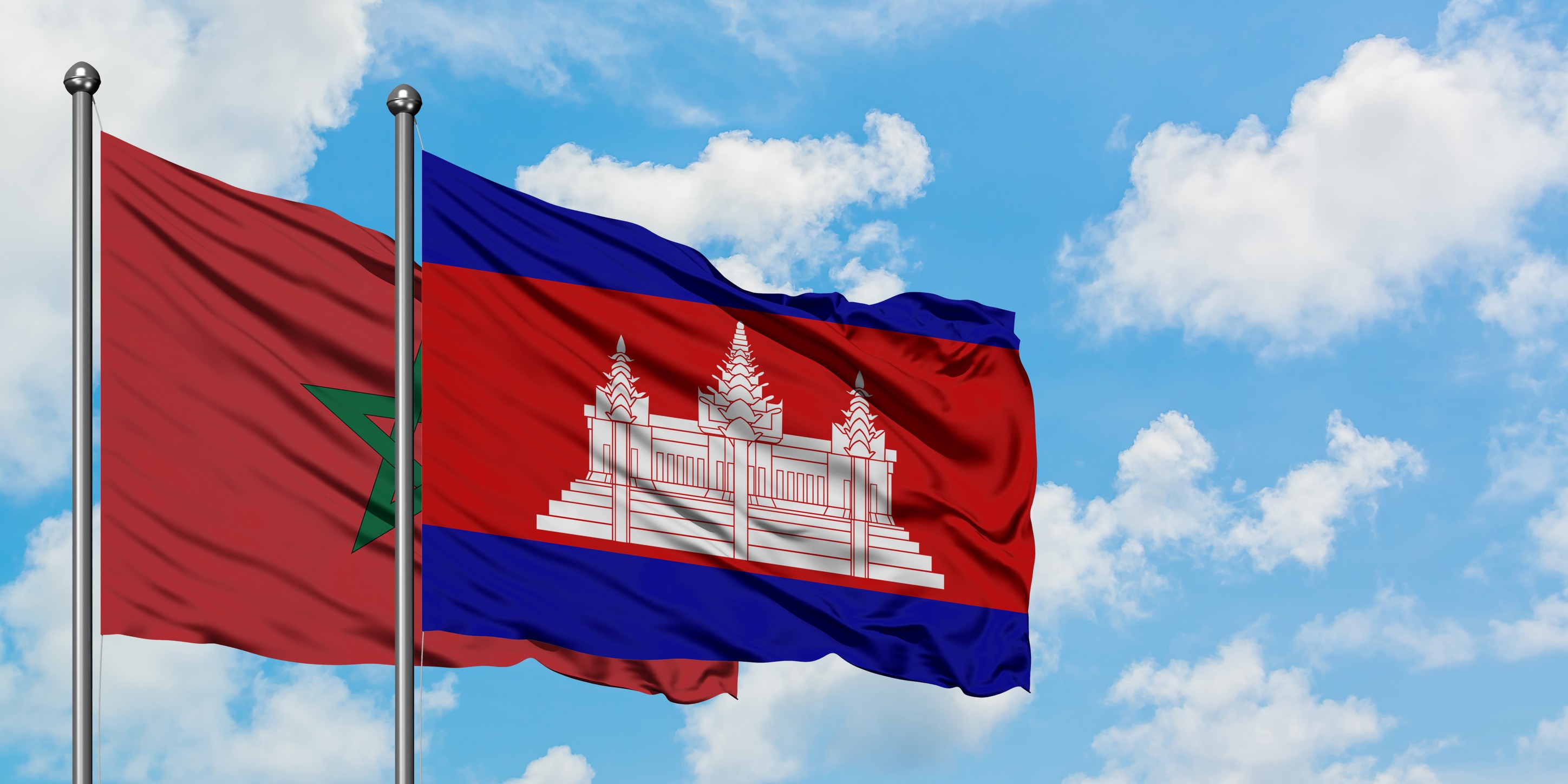 Morocco And Cambodia Flags Waving