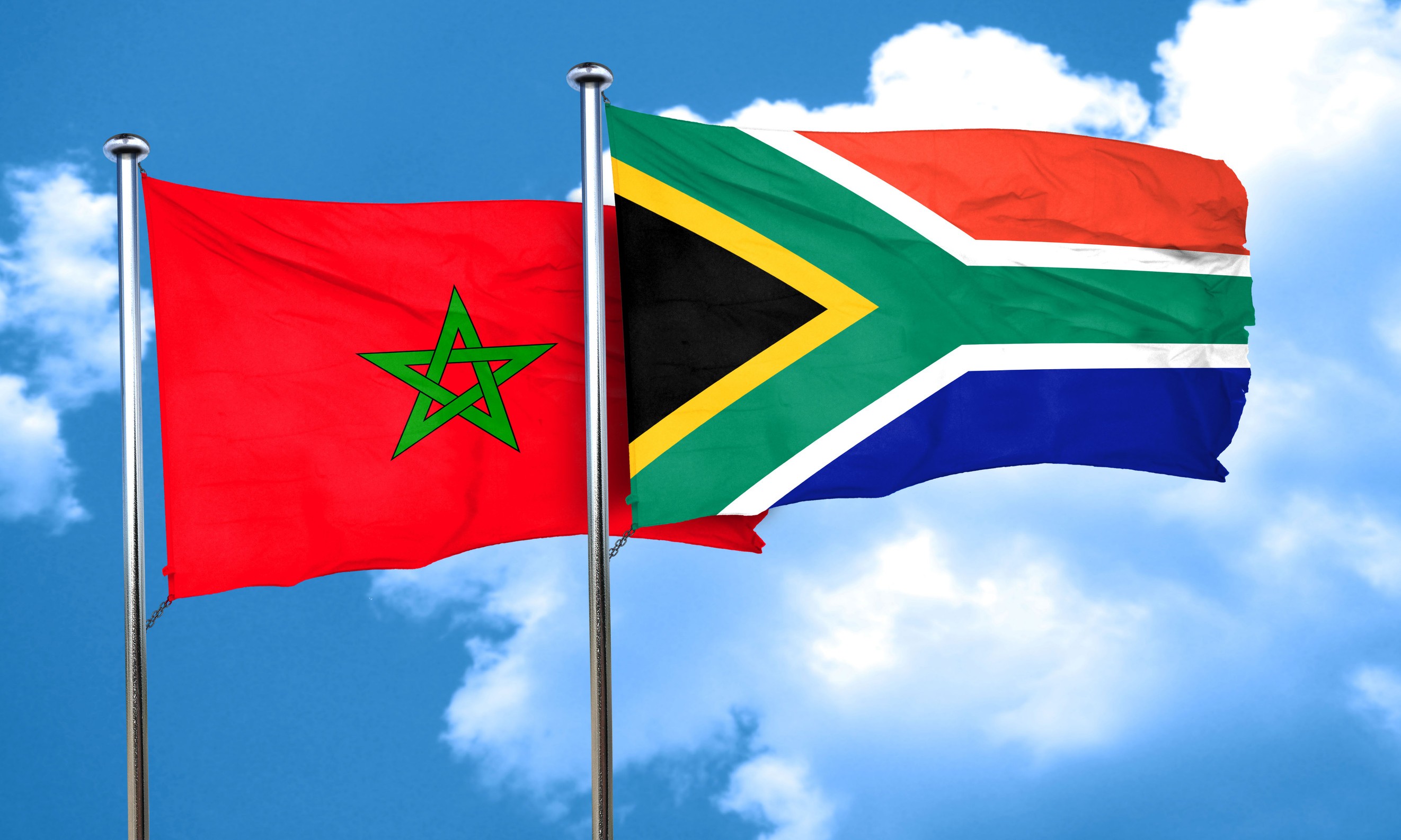 Morocco And South Africa Flags Waving Morocco And South Africa Flags Waving